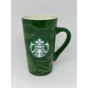 Starbucks Ceramic Traveler Coffee Mug 14oz Green Yellow Tree 2020 Winter Holiday